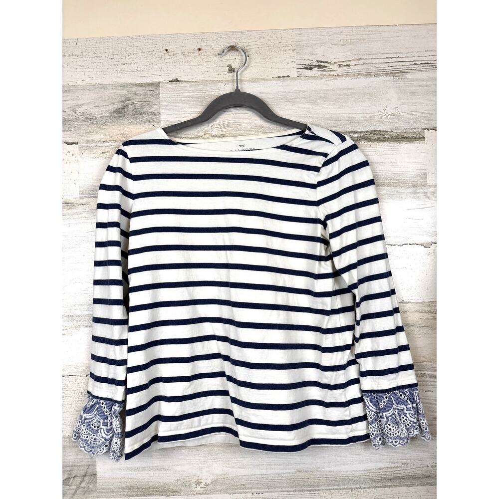 Talbots Blue White Stripe Ruffle Lace Cuff Top Womens S Petite Casual Chic